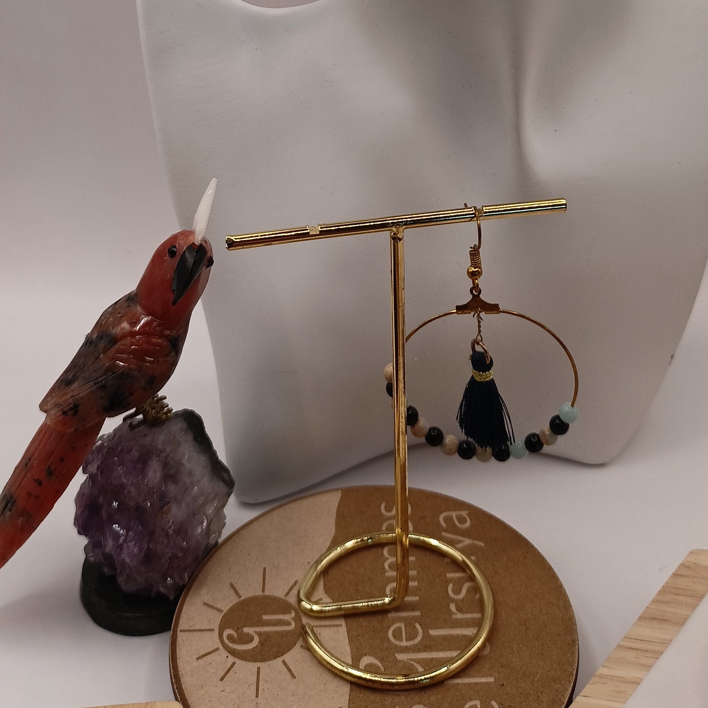 Boucles D'oreilles Pierre Naturelle Amazonite Et Obsidienne