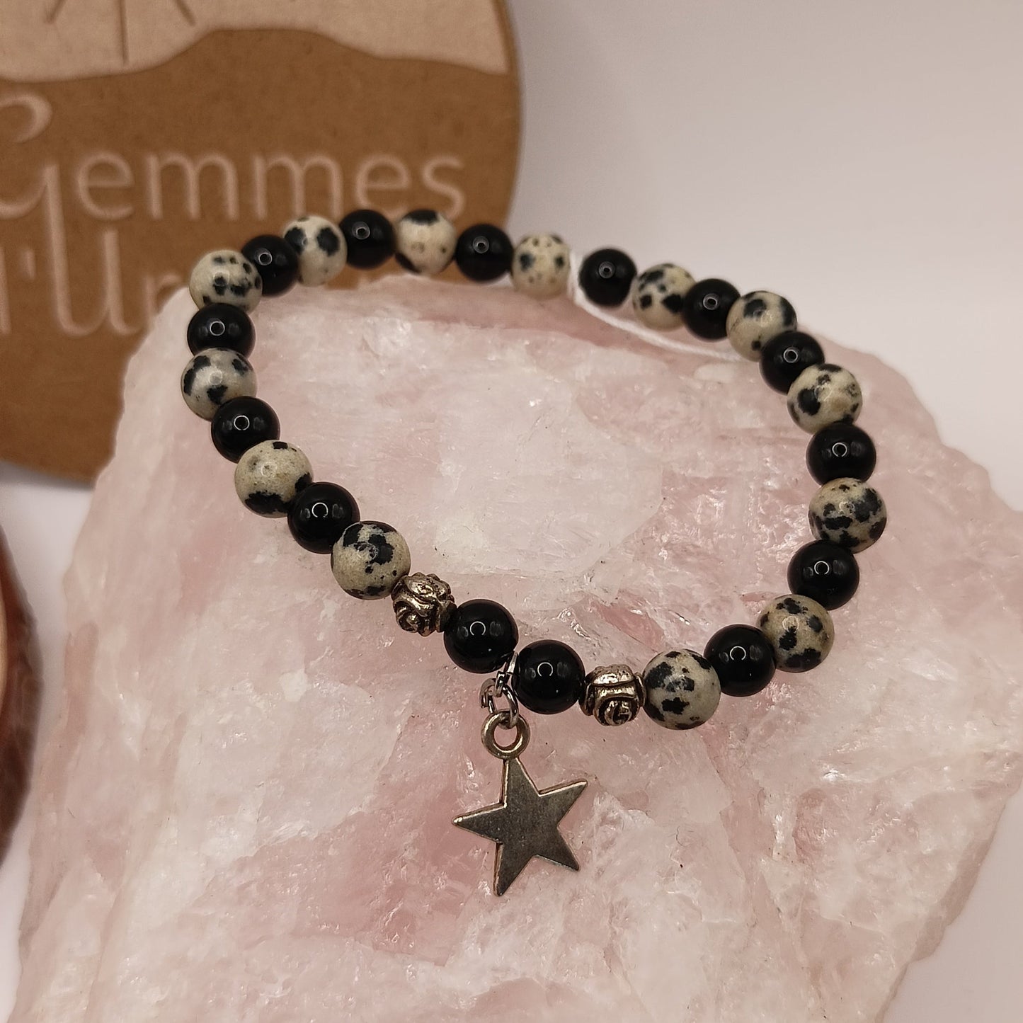 Bracelet avec pendentif Jaspe Dalmatien, Obsidienne Noir pierre Naturelle >6mm