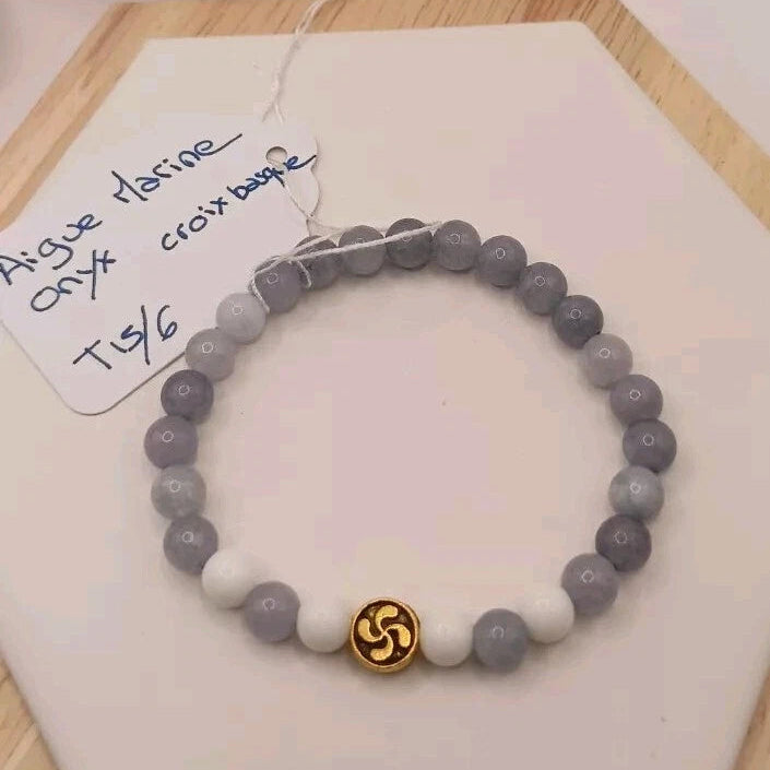 Bracelet Pierre Naturelle Aigue-marine Et Onyx Croix Basque * lauburu *