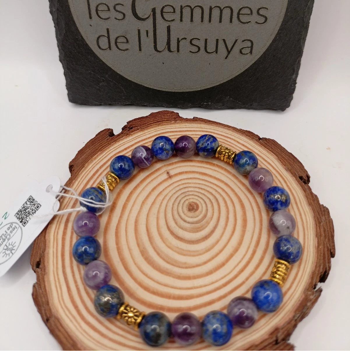 Bracelet Pierres Naturelles 3A Lapis lazuli & Améthyste Acces. Dorée