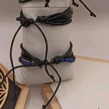 Bracelet Ajustable En Cuir Et Pierre Naturelle Lapis-lazuli Et Infini ~4mm