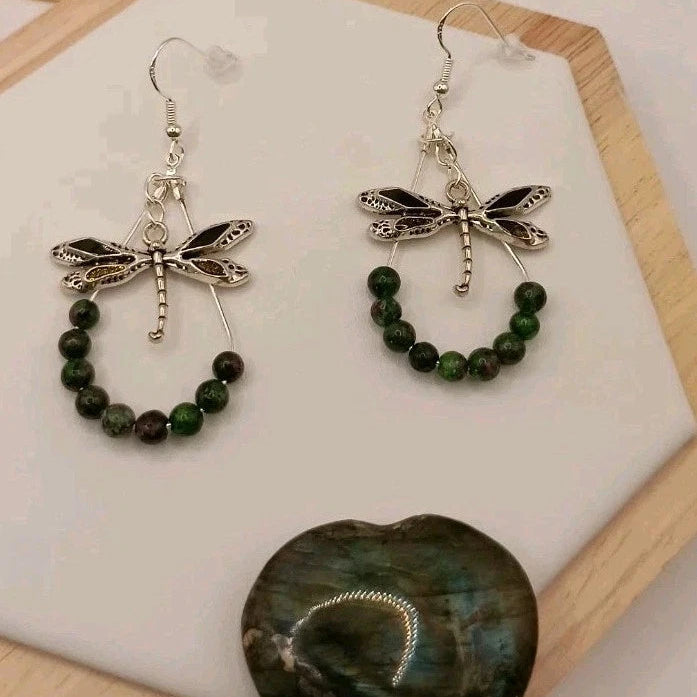 Boucles D'oreilles Fermoirs Argent Zoisite Naturelle Libellule Les Gemmes de l'Ursuya