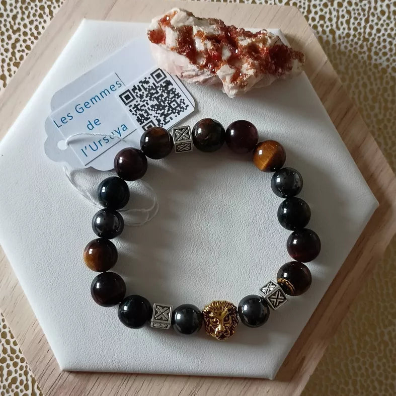 Bracelet 3 Œil Tigre, Faucon, Taureau Et Hématite Pierre Naturelle 10mm Les Gemmes de l'Ursuya