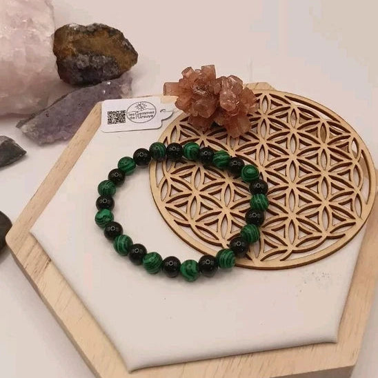 Bracelet Pierre Naturelle Malachite Verte Et Onyx Élastique Perles 8mm Les Gemmes de l'Ursuya