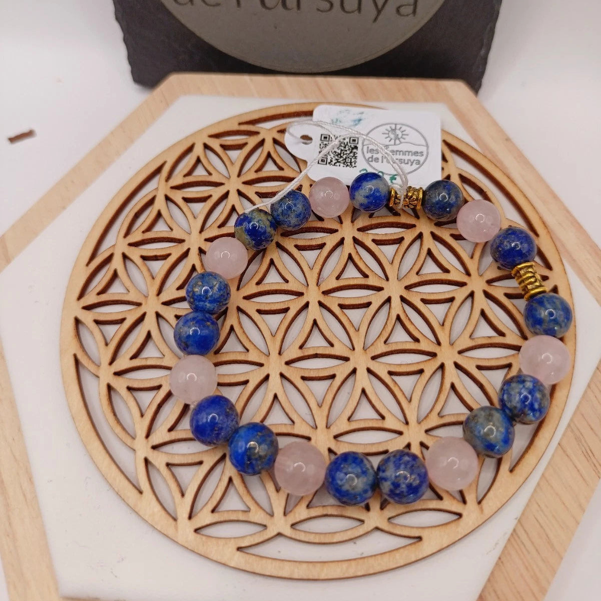 Bracelet Pierres Naturelles Lapis lazuli 3A & Quartz Rose Acces. Dorée
