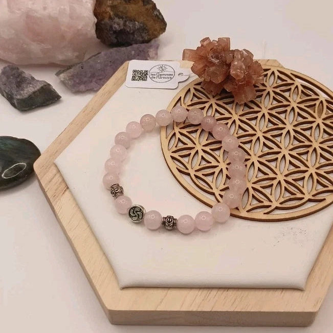 Bracelet Quartz Rose Pierre Naturelle Lauburu Basque Perles 8mm Les Gemmes de l'Ursuya