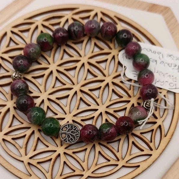 Bracelet Pierre Naturelle Tourmaline Pastèque et Arbre De Vie