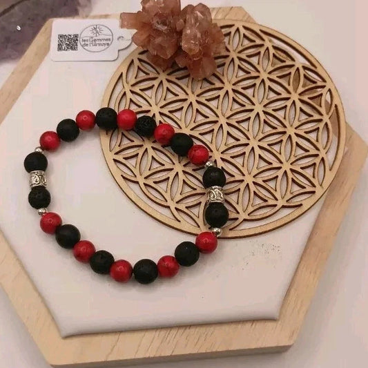 Bracelet En Holwite Rouge, Pierre De Lave Naturelle