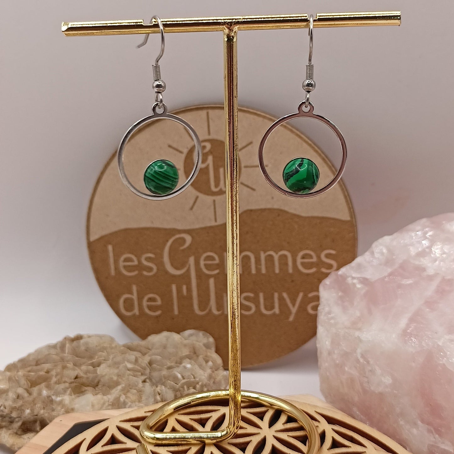 Boucles d’oreilles Malachite argenté – Acier Inoxydable | Les Gemmes de l’Ursuya Les Gemmes de l'Ursuya