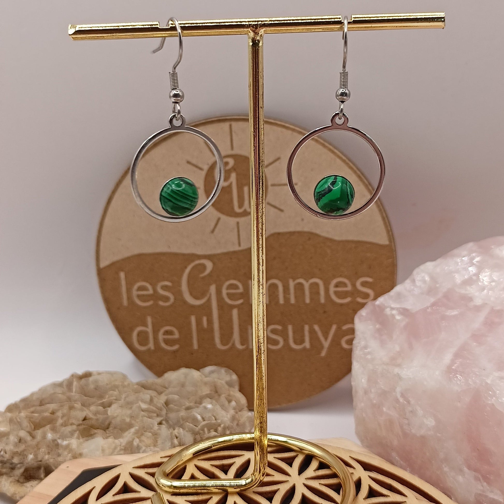 Boucles d’oreilles Malachite argenté – Acier Inoxydable | Les Gemmes de l’Ursuya Les Gemmes de l'Ursuya