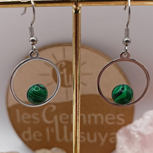 Boucles d’oreilles Malachite argenté – Acier Inoxydable | Les Gemmes de l’Ursuya Les Gemmes de l'Ursuya