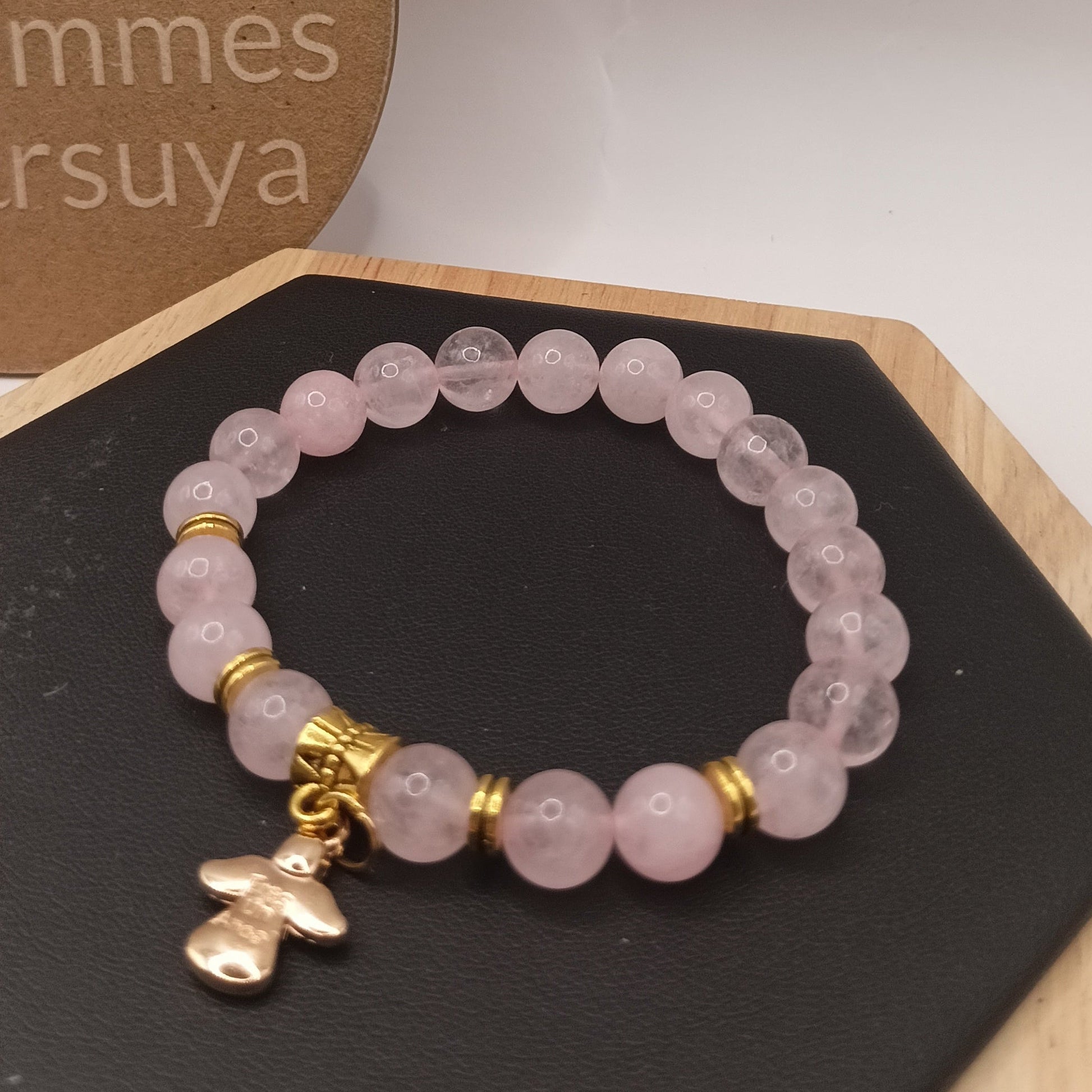 Bracelet en pierre naturelle quartz rose et pendentif Les Gemmes de l'Ursuya