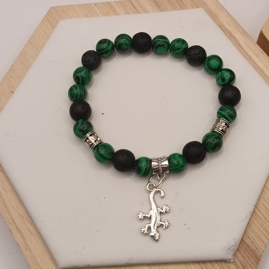 Bracelet en malachite et pierre de lave et pendentif salamandre Les Gemmes de l'Ursuya