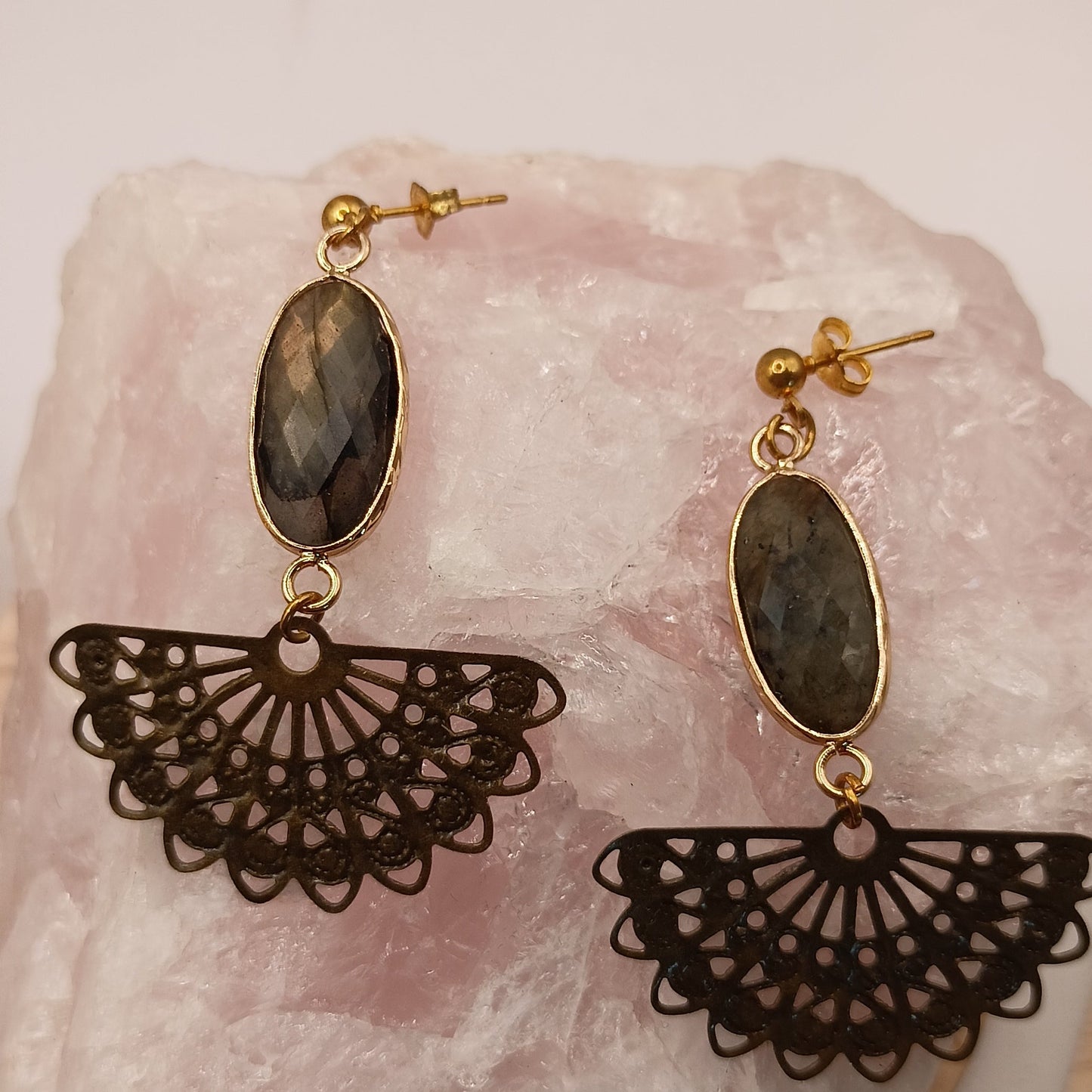 Boucles D'oreilles Dorées Pierre Naturelle _ Labradorite