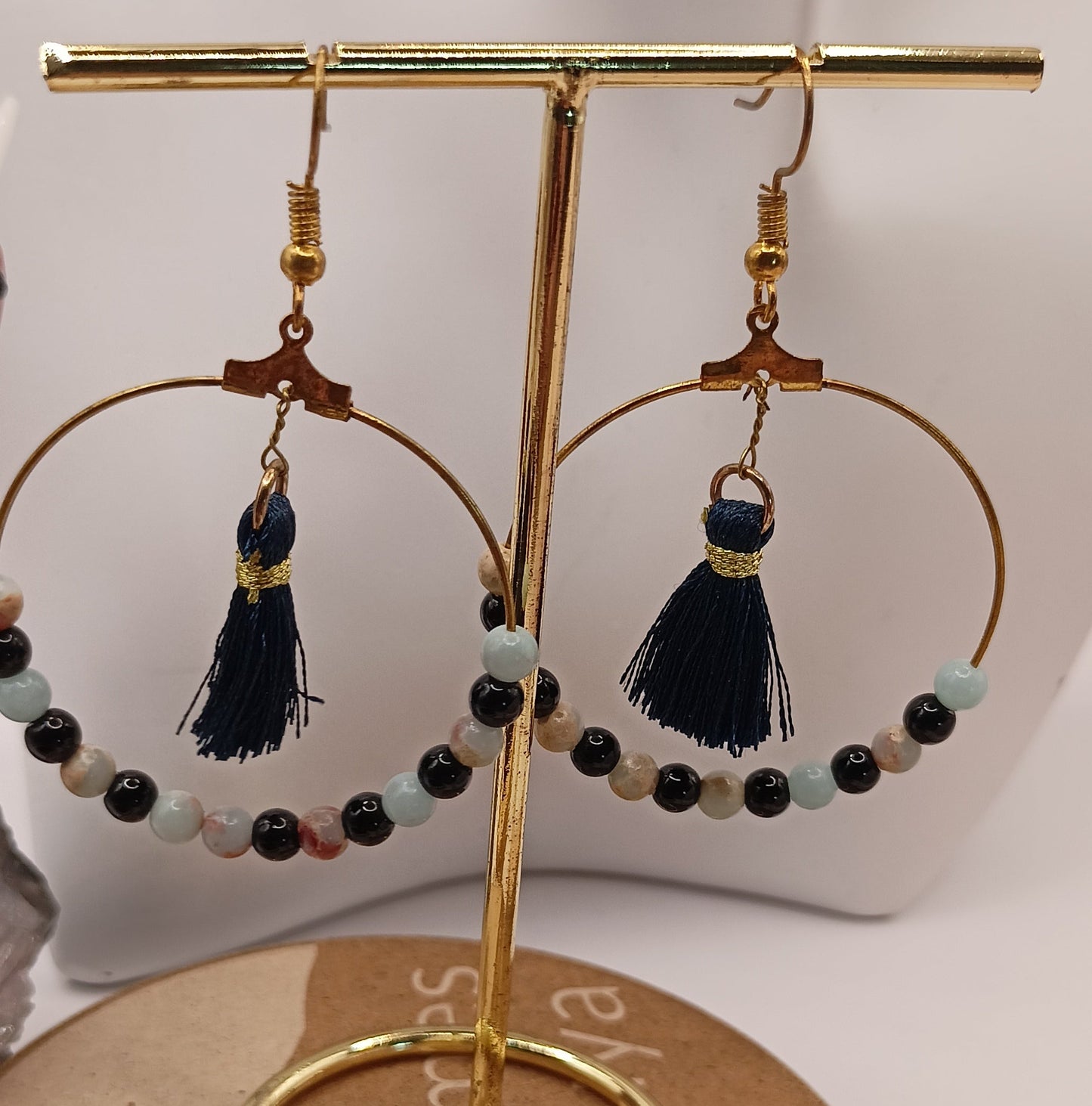 Boucles D'oreilles Pierre Naturelle Amazonite Et Obsidienne