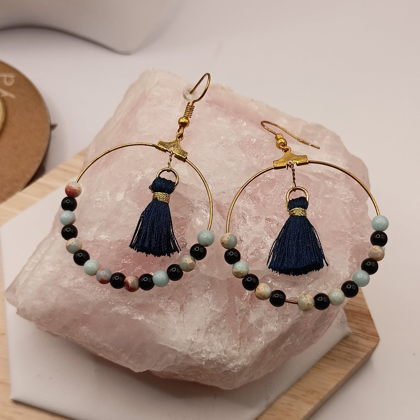 Boucles D'oreilles Pierre Naturelle Amazonite Et Obsidienne