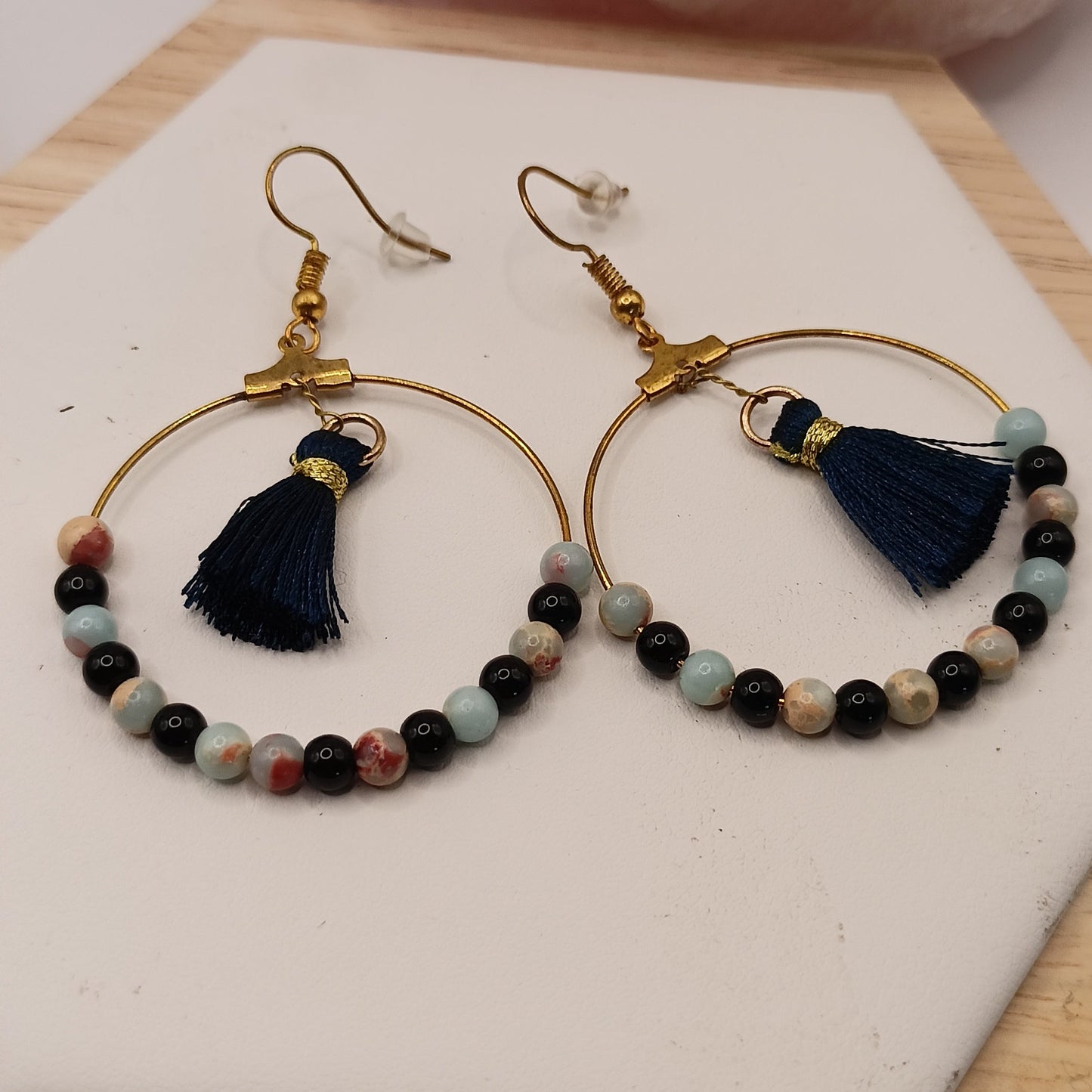 Boucles D'oreilles Pierre Naturelle Amazonite Et Obsidienne