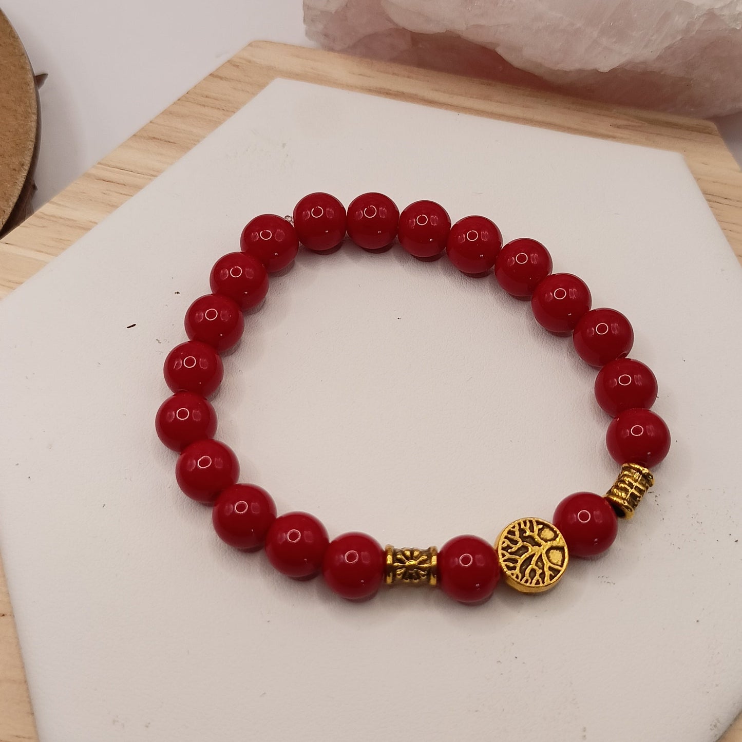 Bracelet en pierre naturelle corail fossile et arbre de vie