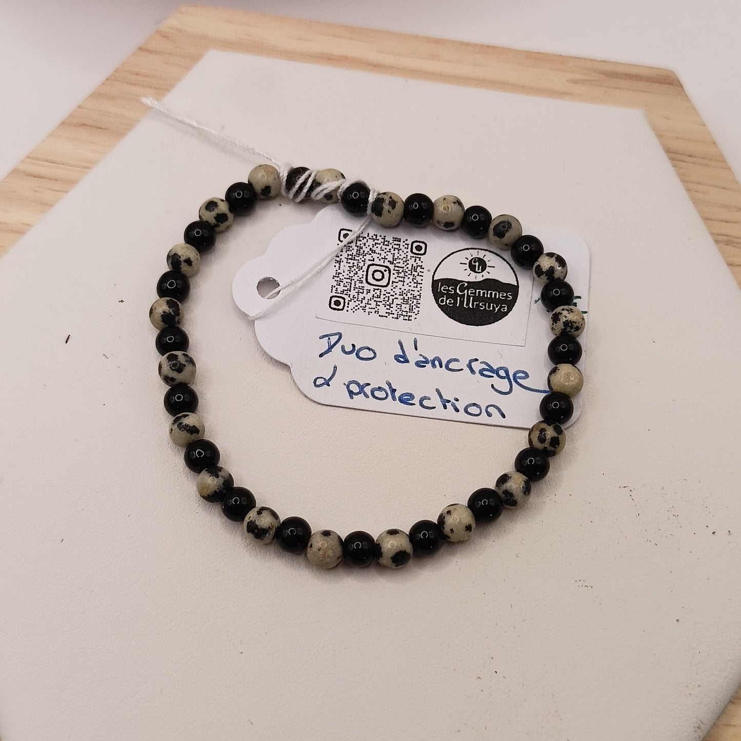 Bracelet Jaspe Dalmatien, Obsidienne Noir pierre Naturelle >4mm