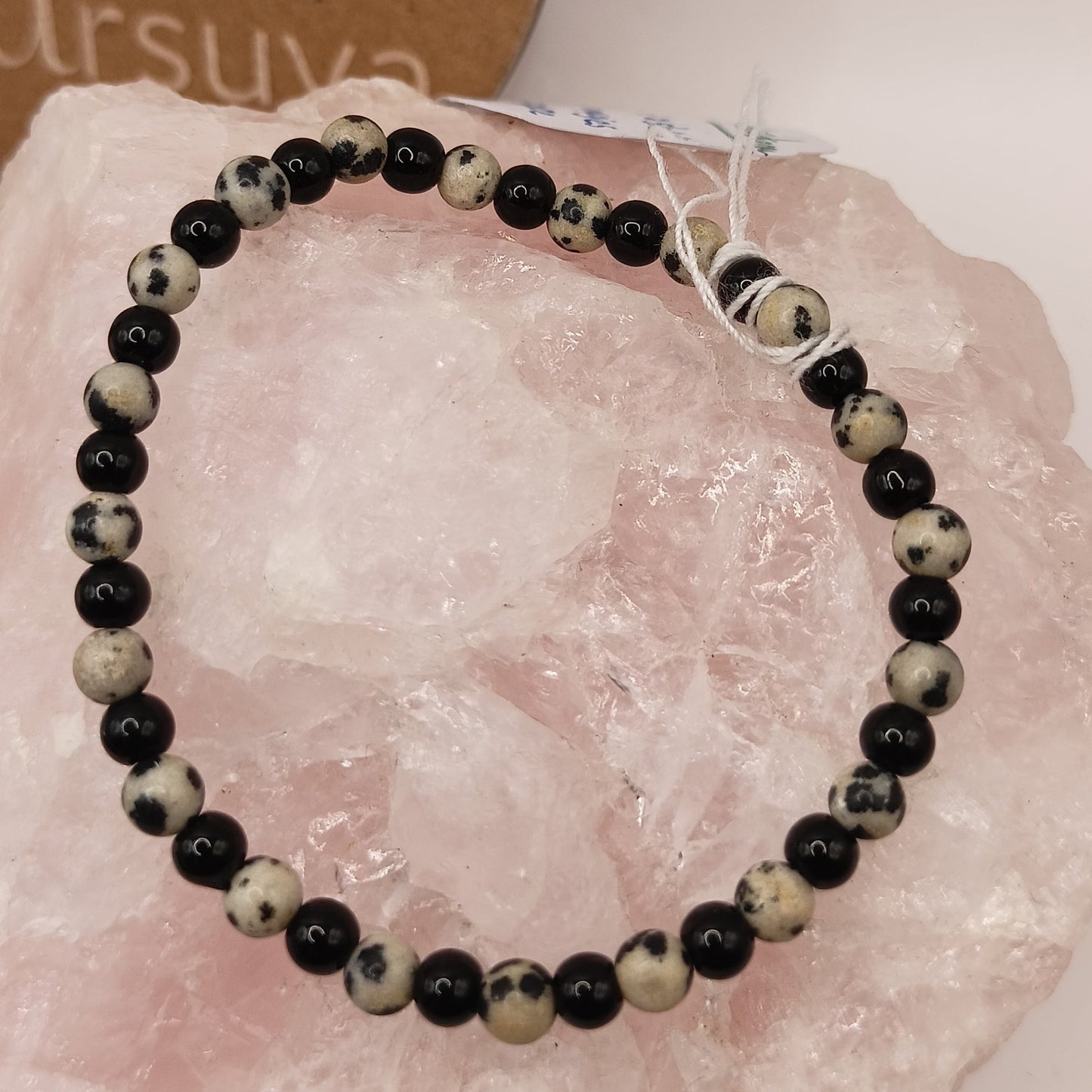 Bracelet Jaspe Dalmatien, Obsidienne Noir pierre Naturelle >4mm