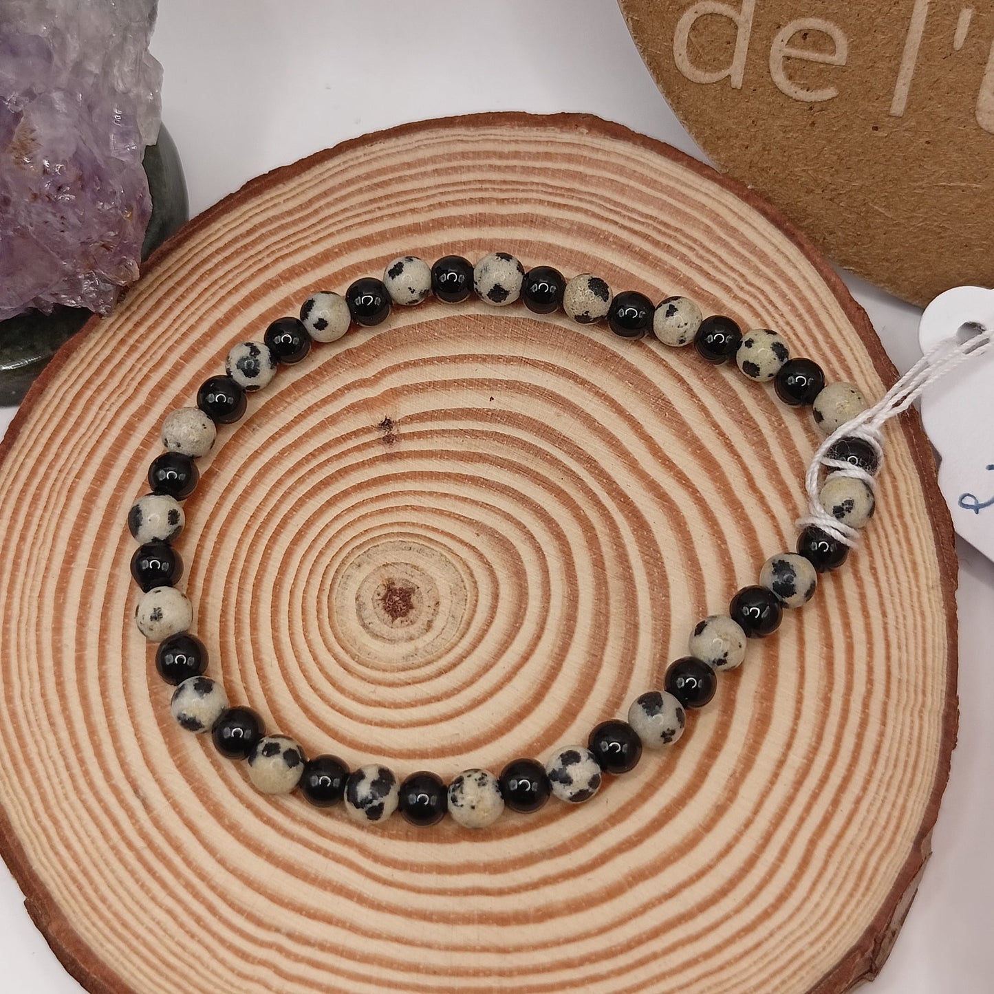 Bracelet Jaspe Dalmatien, Obsidienne Noir pierre Naturelle >4mm