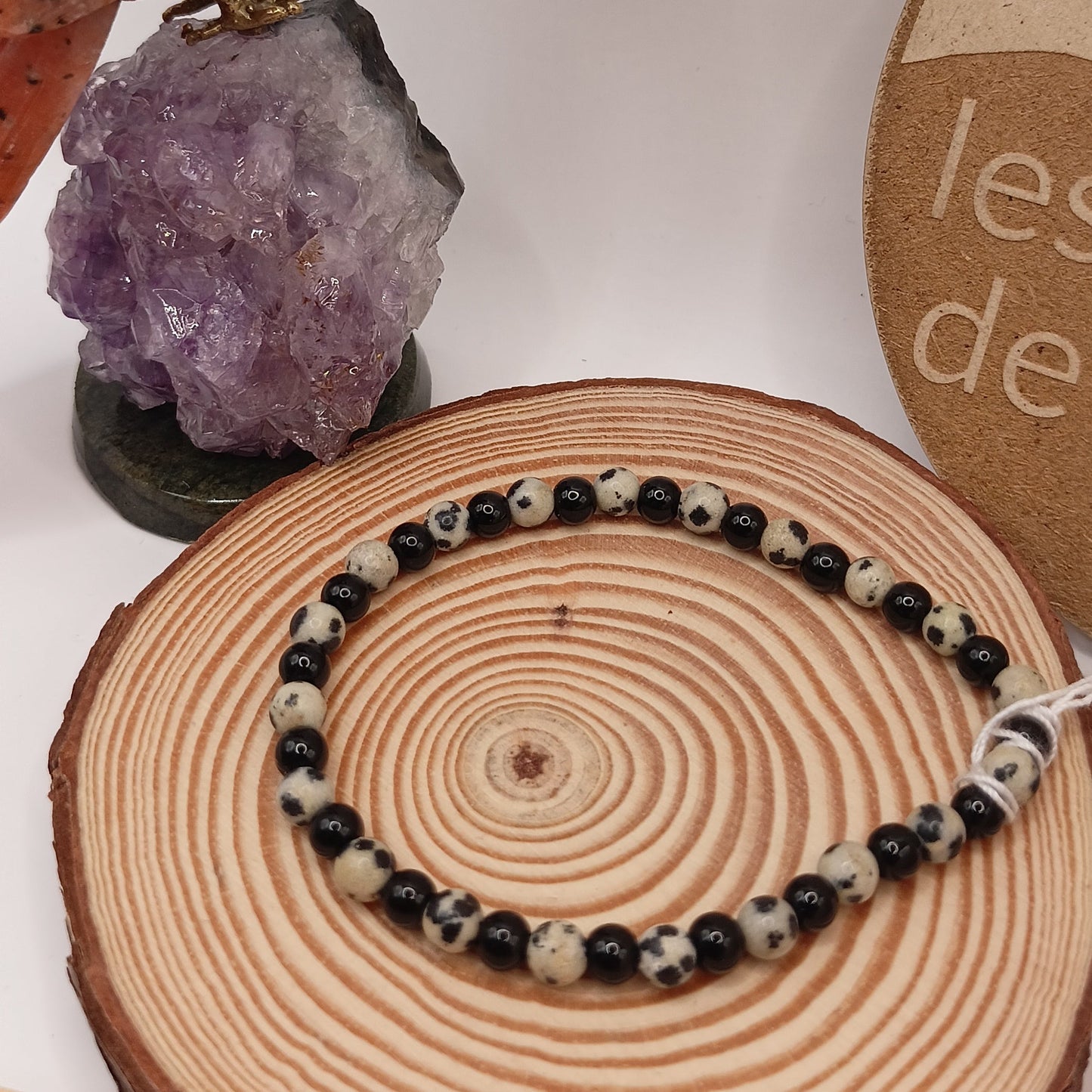 Bracelet Jaspe Dalmatien, Obsidienne Noir pierre Naturelle >4mm