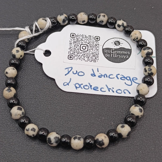 Bracelet Jaspe Dalmatien, Obsidienne Noir pierre Naturelle >4mm