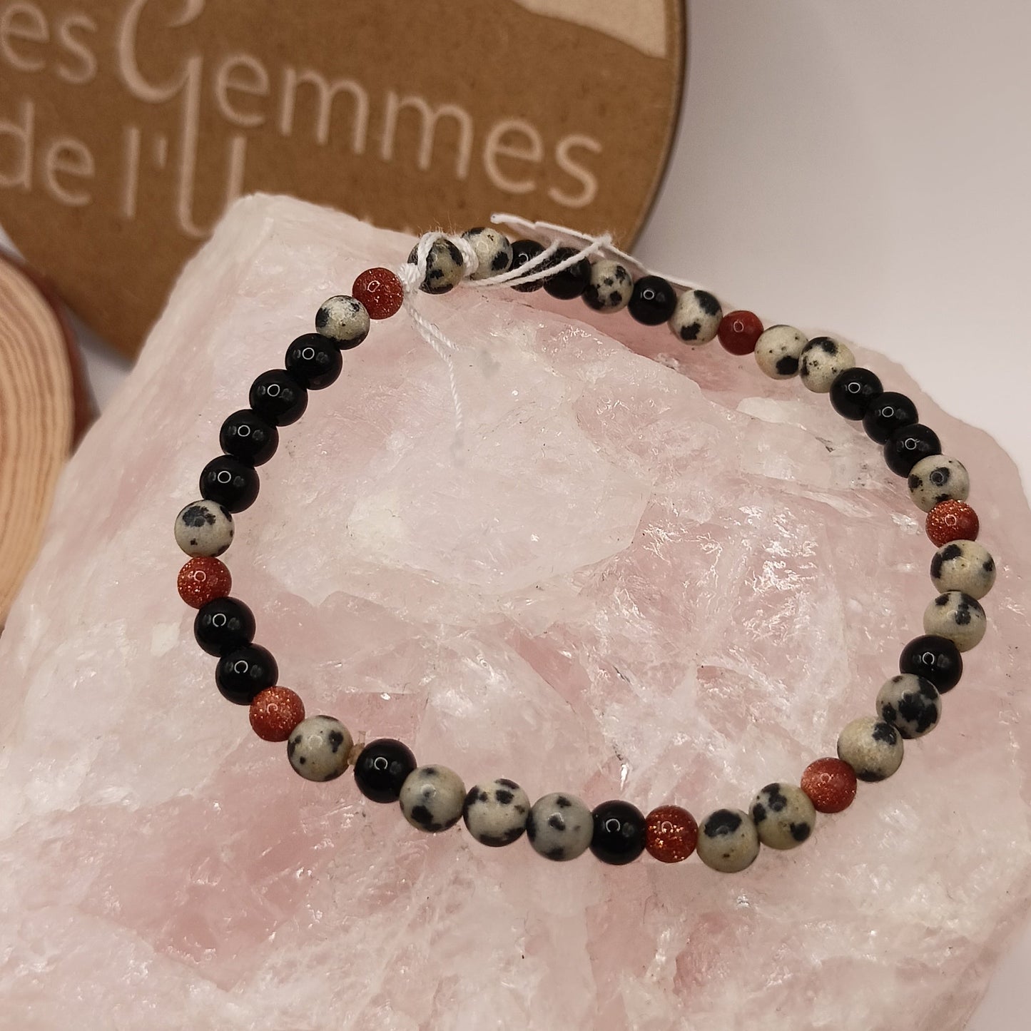 Bracelet Jaspe Dalmatien, Obsidienne Noir pierres Naturelles et verre avec paillettes >4mm