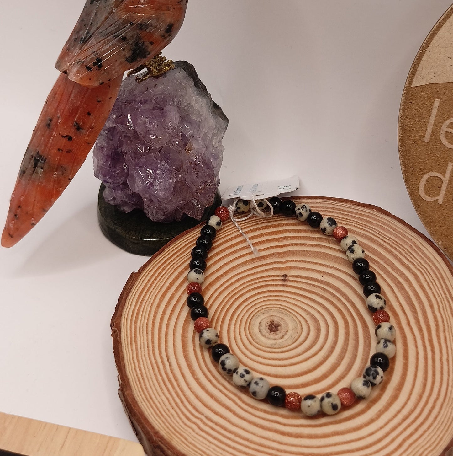 Bracelet Jaspe Dalmatien, Obsidienne Noir pierres Naturelles et verre avec paillettes >4mm