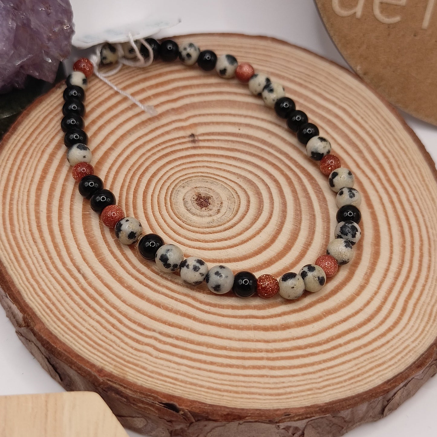 Bracelet Jaspe Dalmatien, Obsidienne Noir pierres Naturelles et verre avec paillettes >4mm