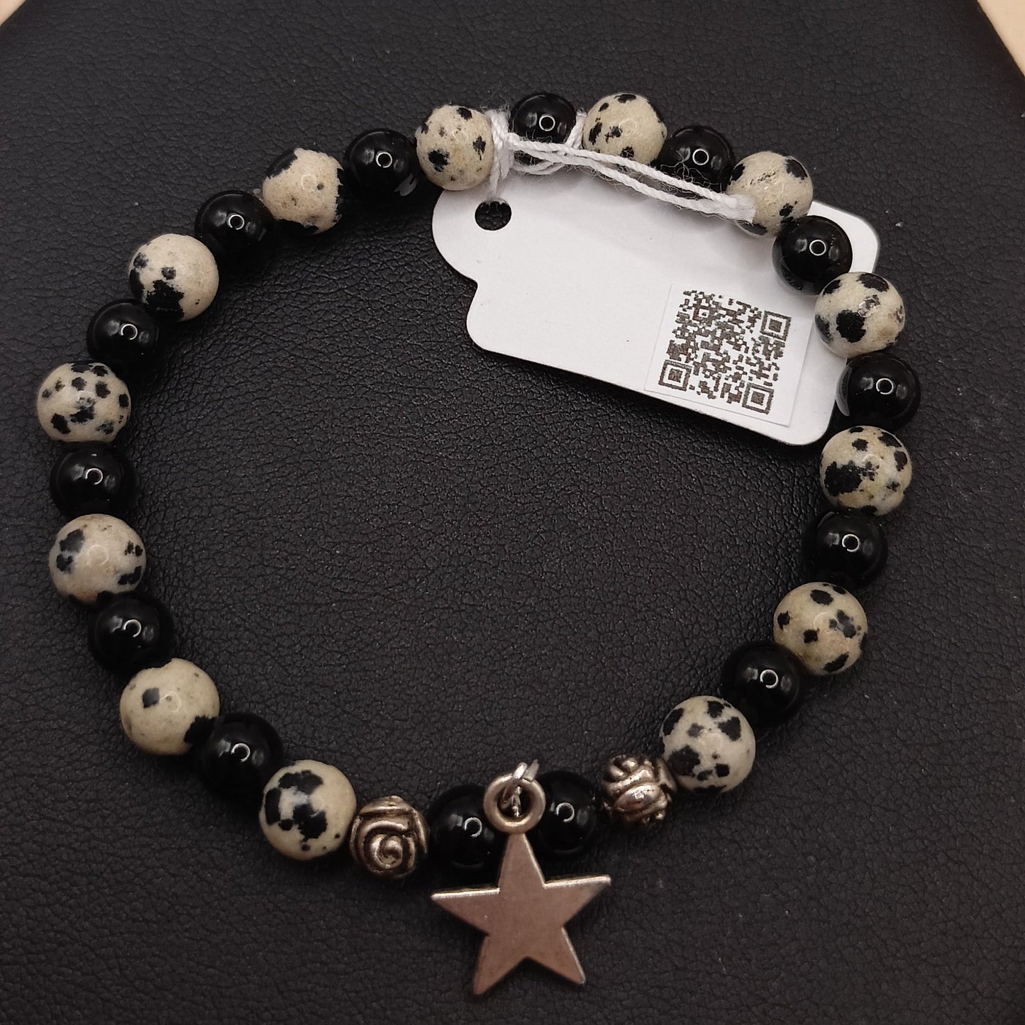 Bracelet avec pendentif Jaspe Dalmatien, Obsidienne Noir pierre Naturelle >6mm