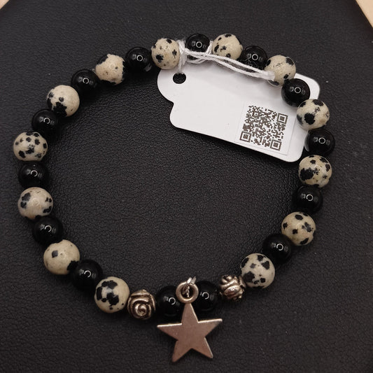 Bracelet avec pendentif Jaspe Dalmatien, Obsidienne Noir pierre Naturelle >6mm