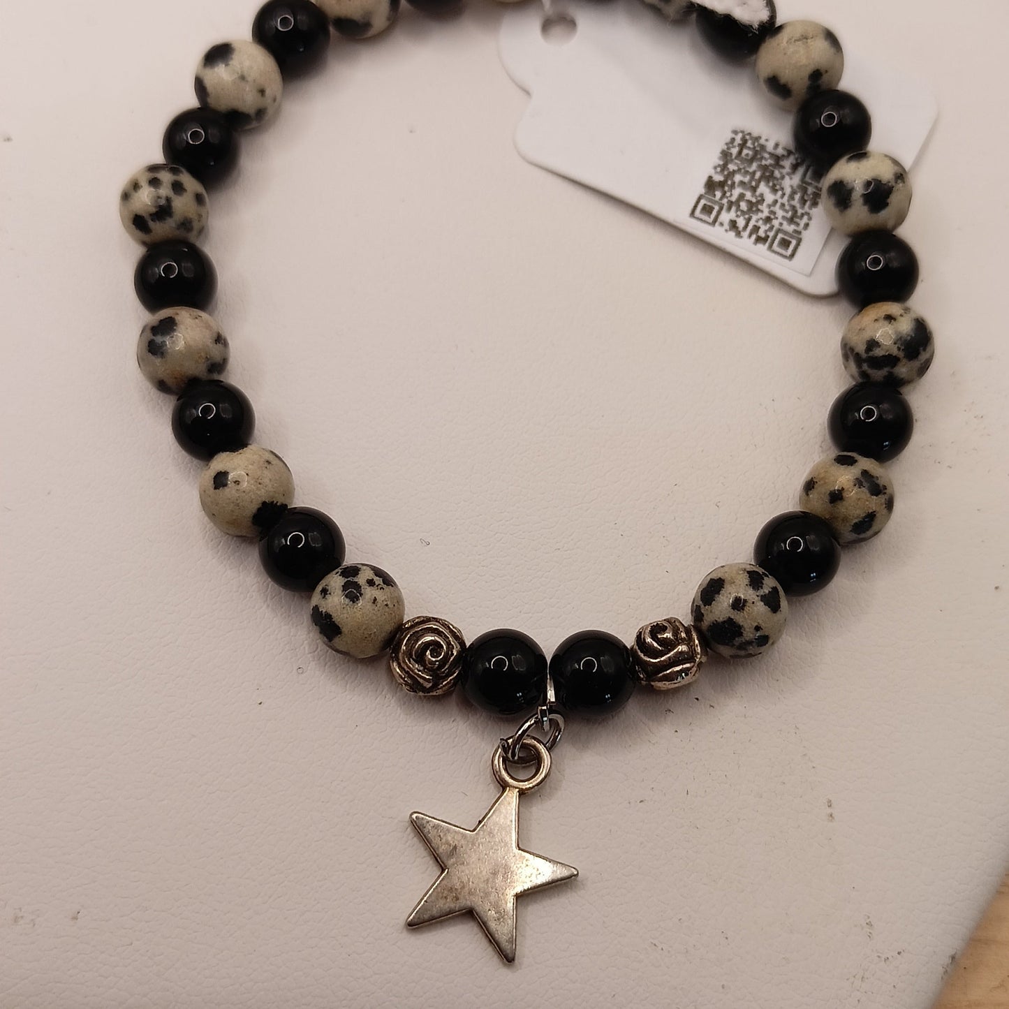 Bracelet avec pendentif Jaspe Dalmatien, Obsidienne Noir pierre Naturelle >6mm