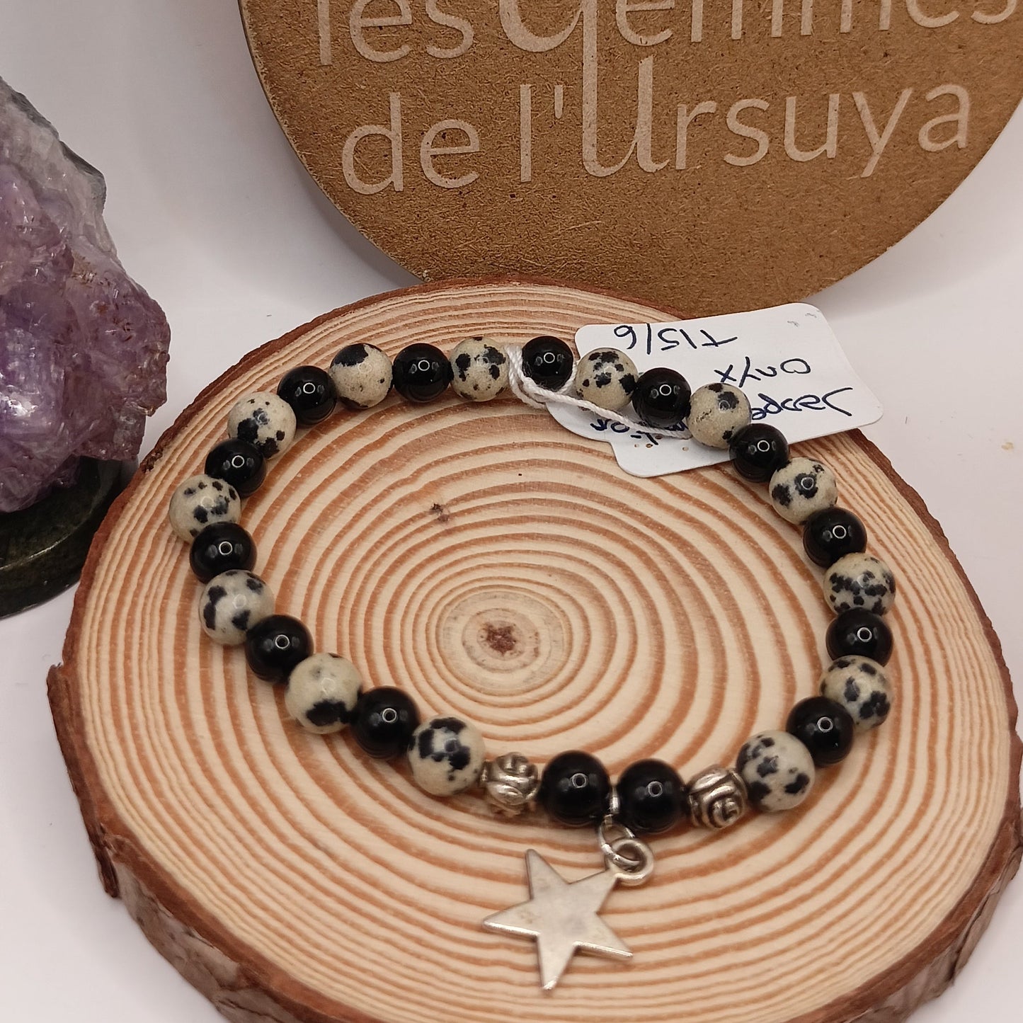 Bracelet avec pendentif Jaspe Dalmatien, Obsidienne Noir pierre Naturelle >6mm
