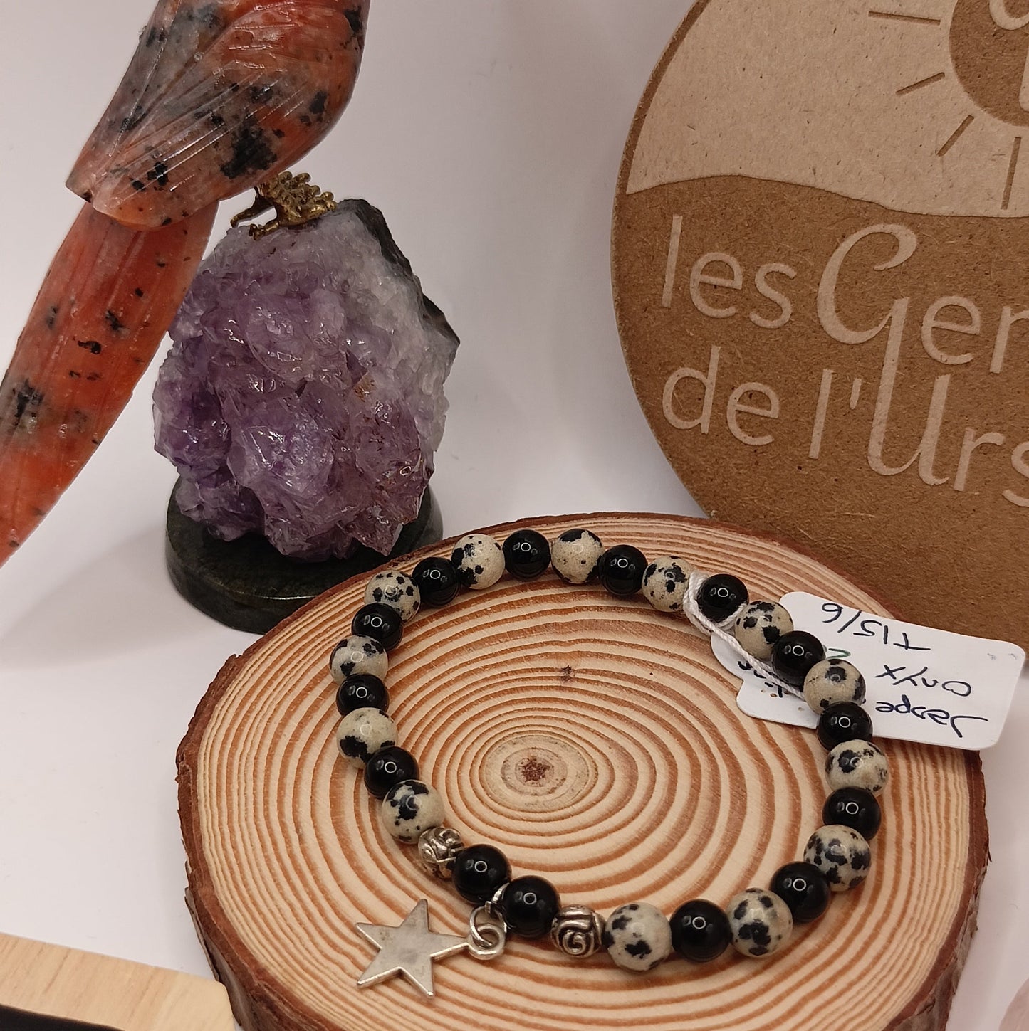 Bracelet avec pendentif Jaspe Dalmatien, Obsidienne Noir pierre Naturelle >6mm