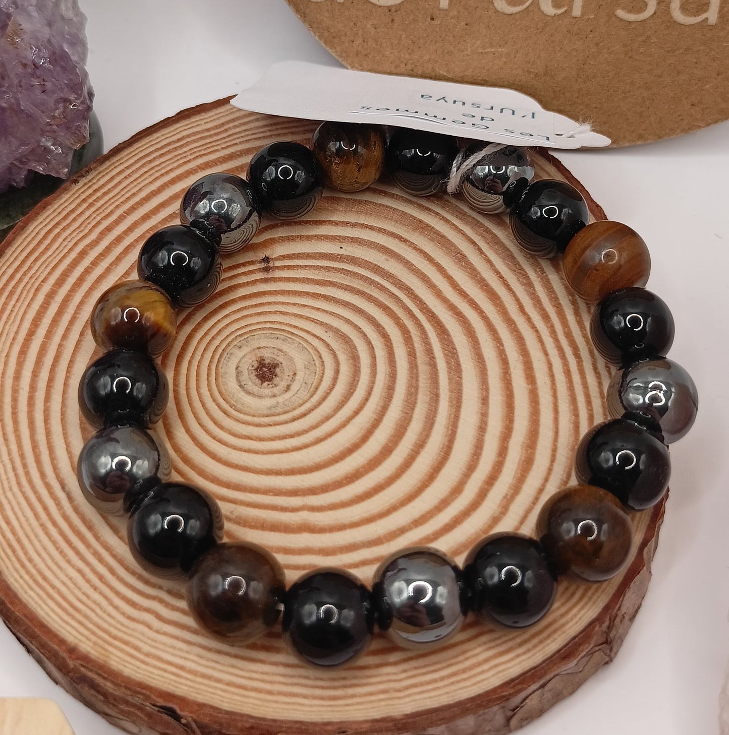 Bracelet 3 Protections Œil Tigre, Obsidienne et Hématite Pierres Naturelles 10mm