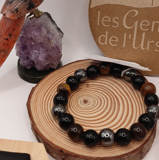Bracelet 3 Protections Œil Tigre, Obsidienne et Hématite Pierres Naturelles 10mm