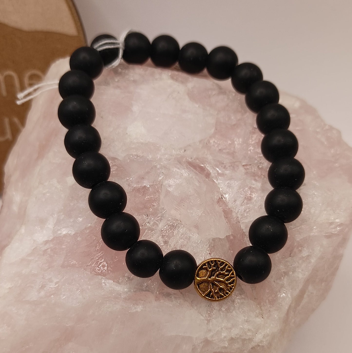 Bracelet En Pierre Naturelle Onyx Noire Mate Et Arbre De Vie