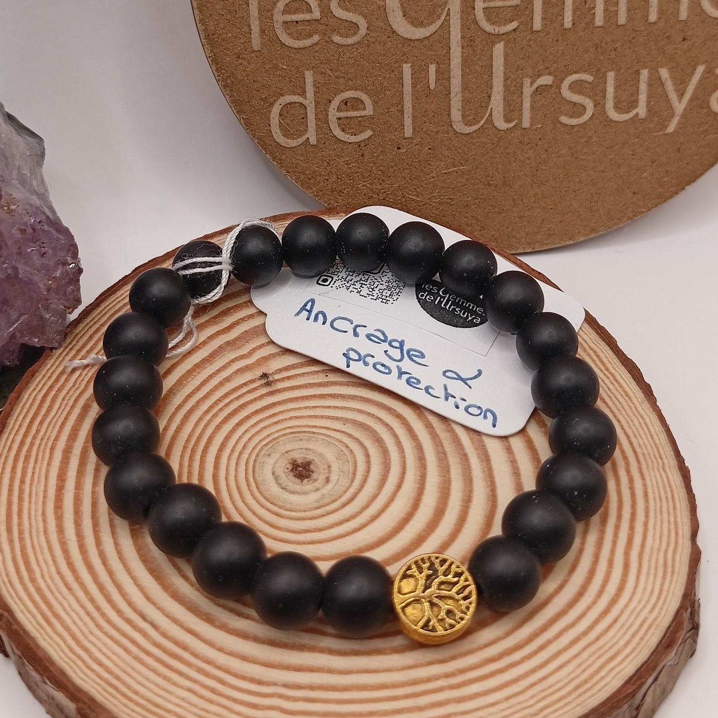 Bracelet En Pierre Naturelle Onyx Noire Mate Et Arbre De Vie