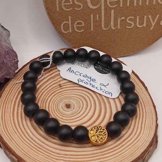 Bracelet En Pierre Naturelle Onyx Noire Mate Et Arbre De Vie