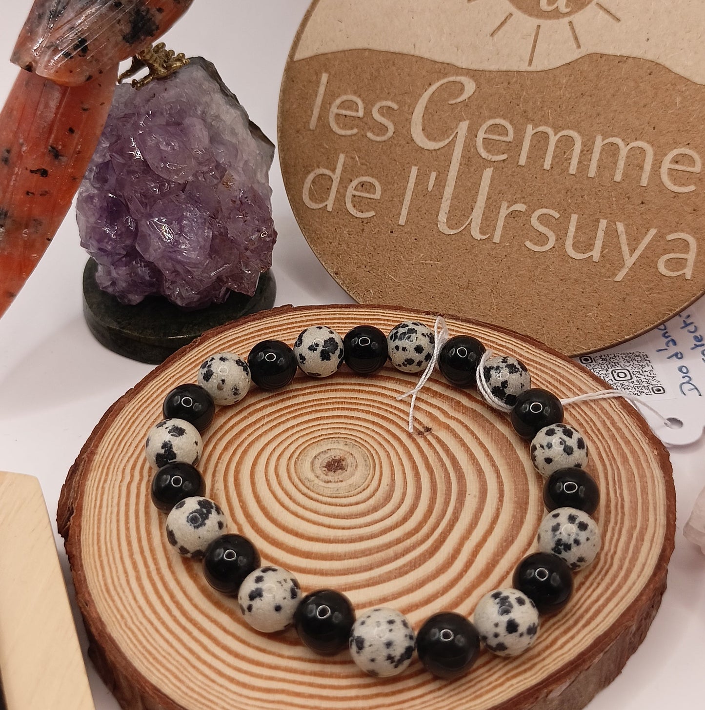 Bracelet Jaspe Dalmatien, Obsidienne Noir pierre Naturelle