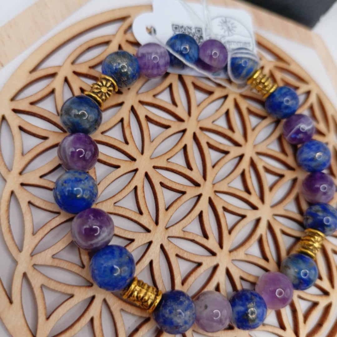 Bracelet Pierres Naturelles 3A Lapis lazuli & Améthyste Acces. Dorée Les Gemmes de l'Ursuya