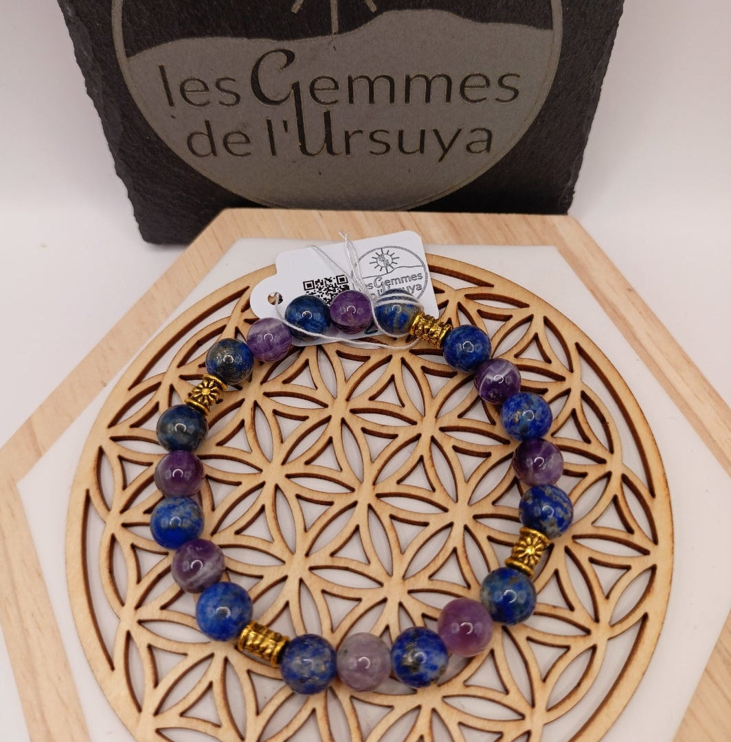 Bracelet Pierres Naturelles 3A Lapis lazuli & Améthyste Acces. Dorée Les Gemmes de l'Ursuya