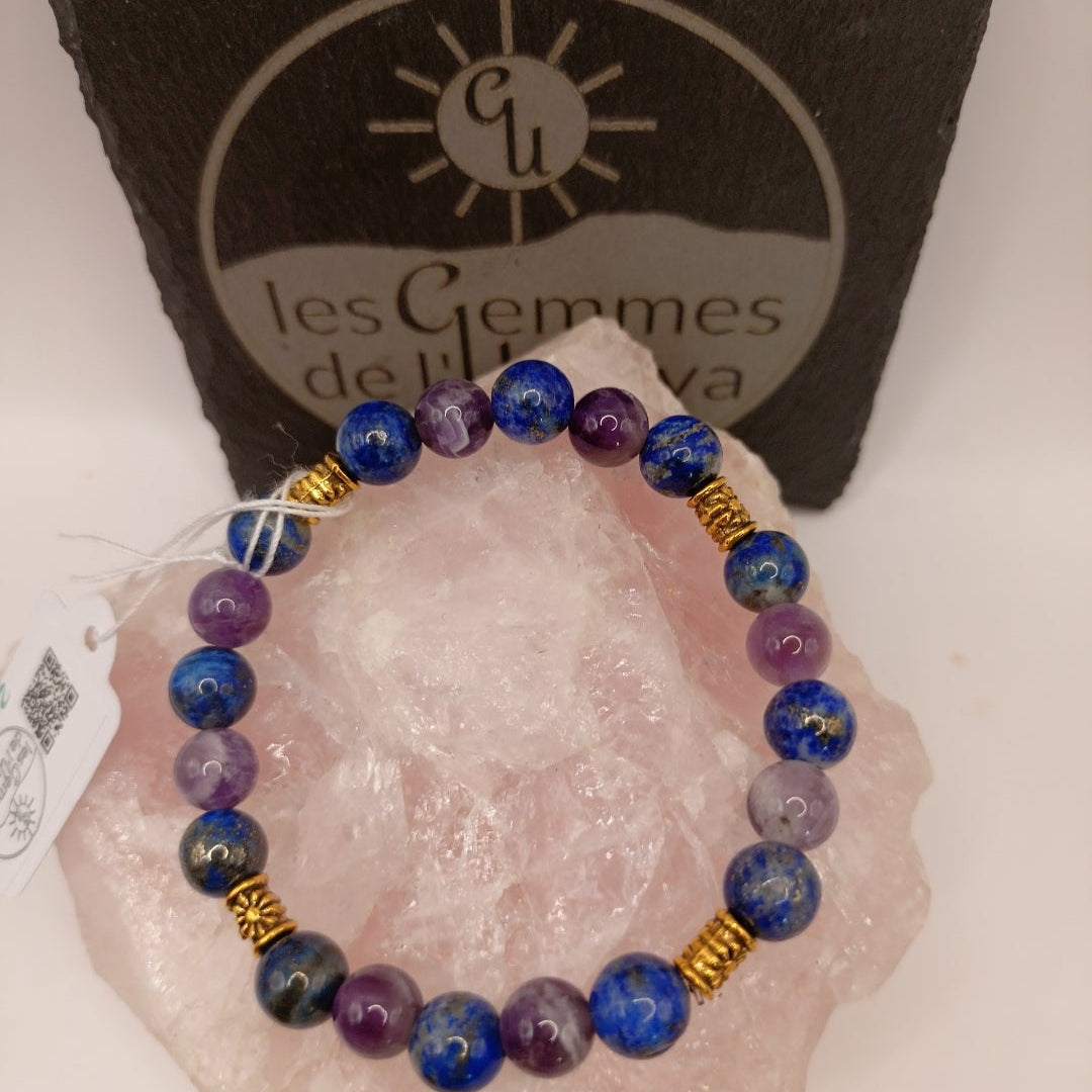 Bracelet Pierres Naturelles 3A Lapis lazuli & Améthyste Acces. Dorée Les Gemmes de l'Ursuya