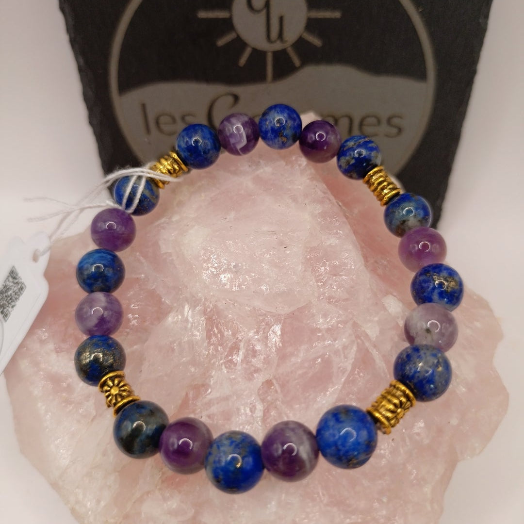 Bracelet Pierres Naturelles 3A Lapis lazuli & Améthyste Acces. Dorée Les Gemmes de l'Ursuya