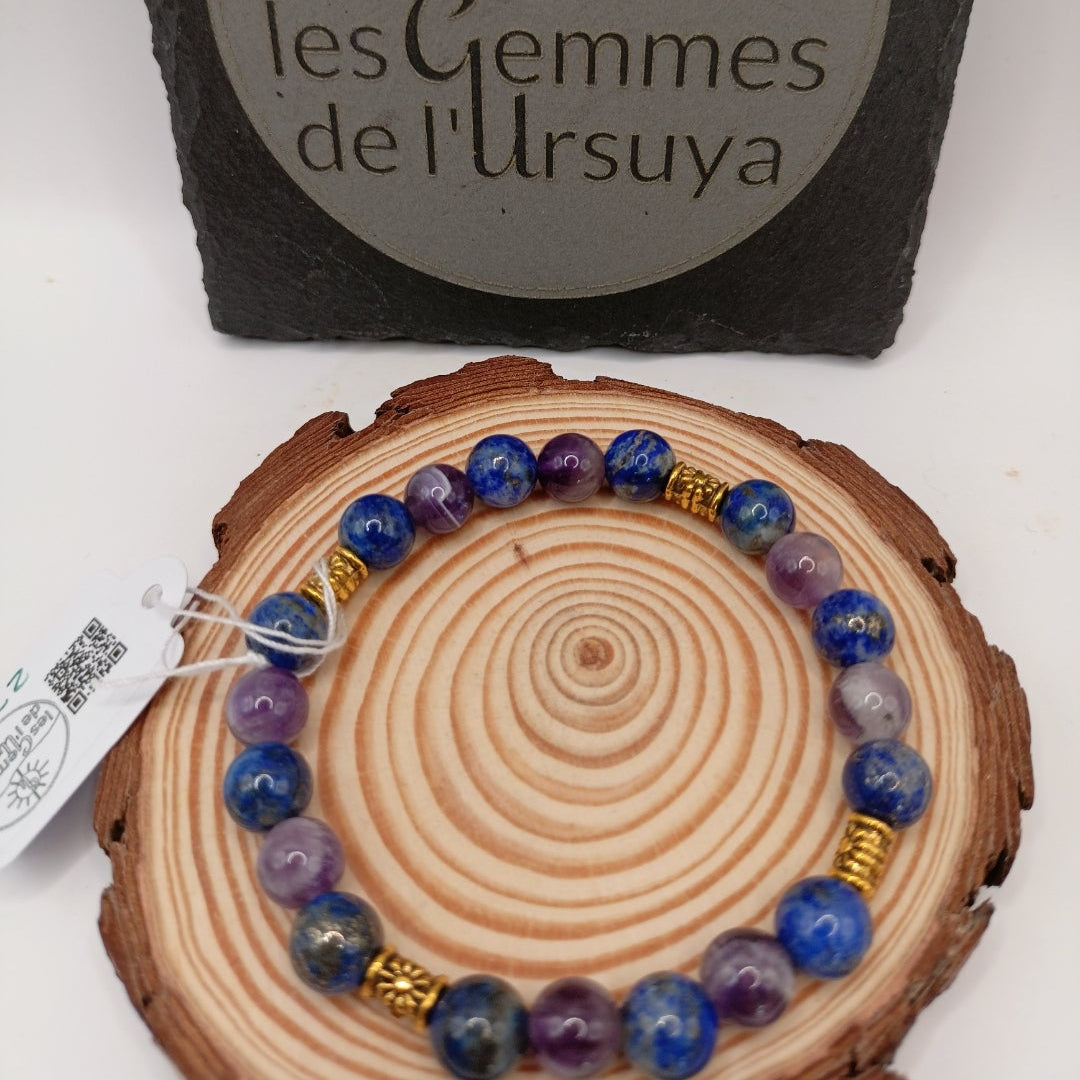 Bracelet Pierres Naturelles 3A Lapis lazuli & Améthyste Acces. Dorée Les Gemmes de l'Ursuya