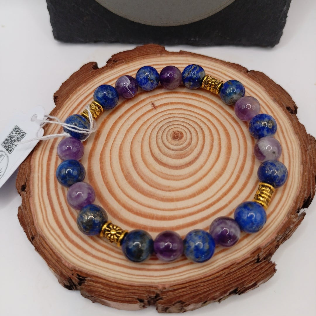 Bracelet Pierres Naturelles 3A Lapis lazuli & Améthyste Acces. Dorée Les Gemmes de l'Ursuya
