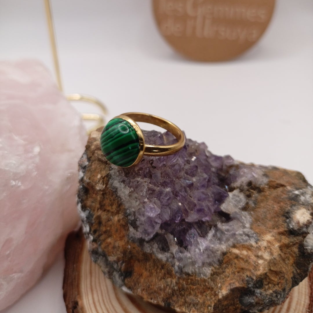 Bague monture ajustable avec pierre naturelle malachite Les Gemmes de l'Ursuya