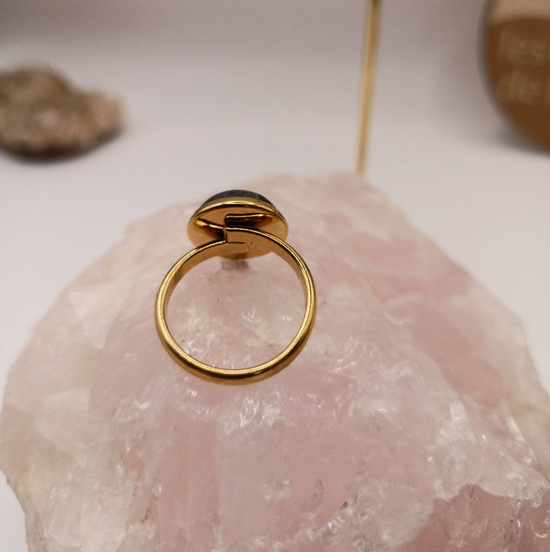 Bague monture ajustable avec pierre Obsidienne neige Les Gemmes de l'Ursuya