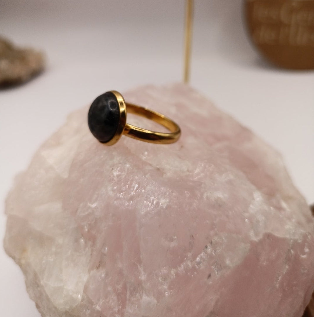 Bague monture ajustable avec pierre Obsidienne neige Les Gemmes de l'Ursuya